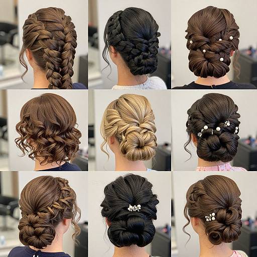 Photograph collage of nine different hairstyles: braids, twists, updos, buns, and ponytails with various hair colors and accessories.