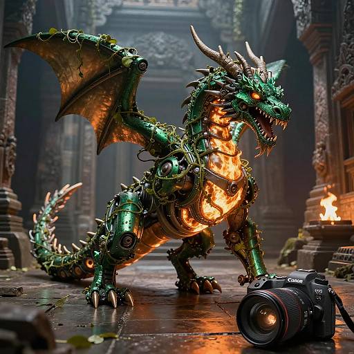 Emerald Mechanical Dragon in Ancient Temple