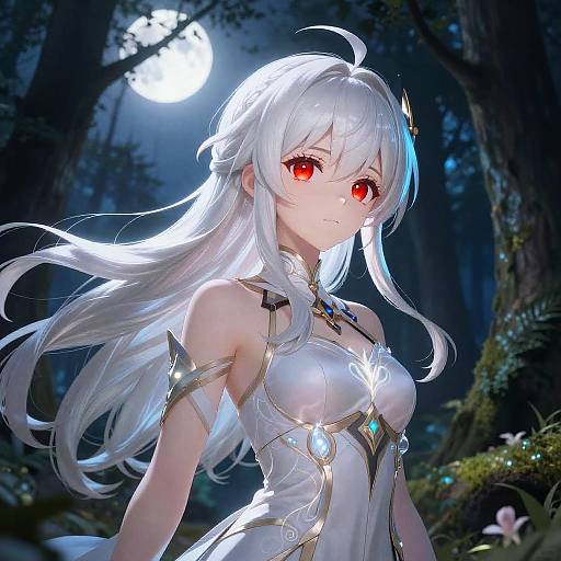 Digital anime artwork of a silver-haired, red-eyed woman with glowing jewelry, wearing a white, ornate dress, standing in a moonlit, mystical