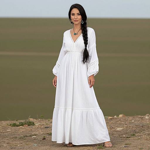 Photograph of a woman with long black hair, wearing a white, long-sleeve, V-neck dress, standing on a grassy, open