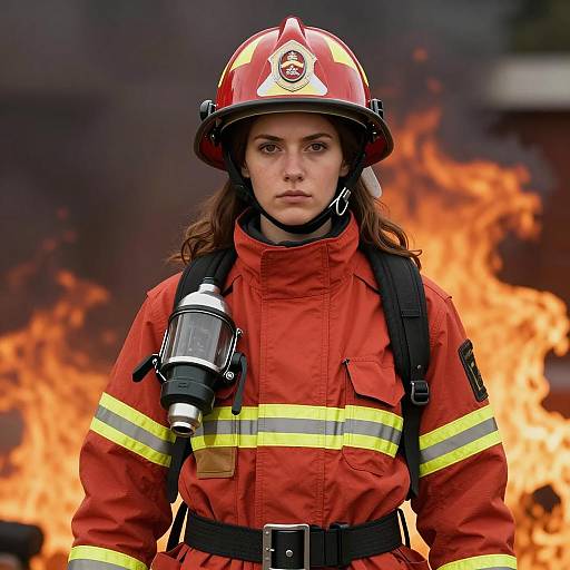 Female Firefighter in Protective Gear with Flames