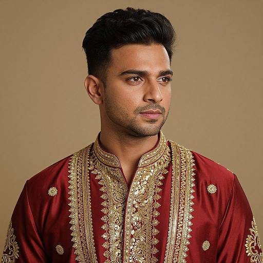 Close-Up of Man in Red and Gold Indian Costume