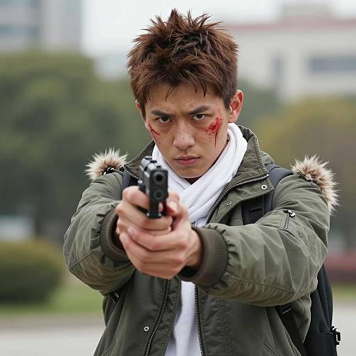 Young Man Pointing Handgun Outdoors