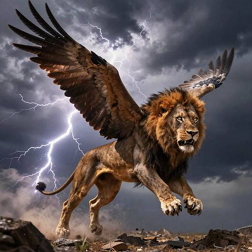 Fierce Lion with Eagle Wings Soaring