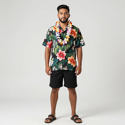 Photograph of a bearded man with short dark hair, wearing a colorful floral shirt, black shorts, and sandals, standing against a plain white background