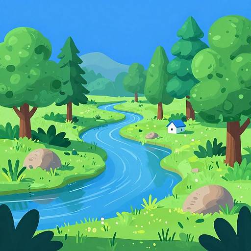 Digital illustration of a vibrant, sunny forest landscape with a winding blue river, green trees, rocks, and a small white house.