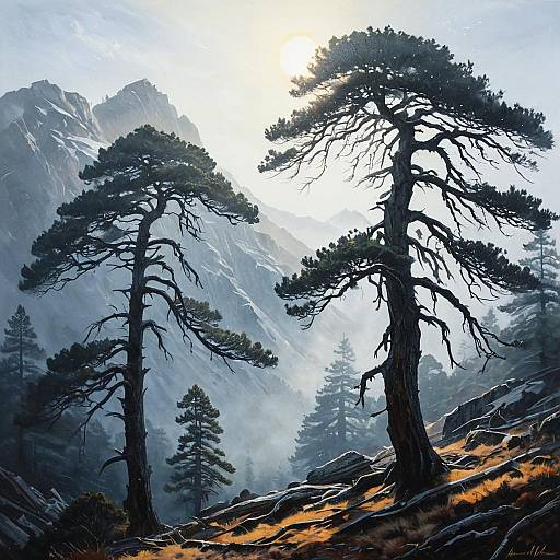 Misty Mountain Peak with Twisted Pines