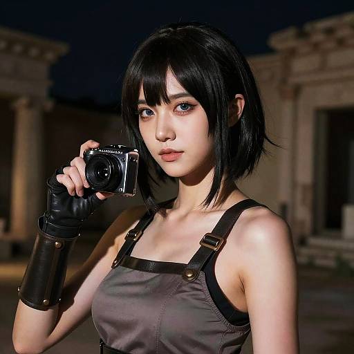 Digital artwork of an Asian woman with black bob haircut, holding a camera, wearing black fingerless gloves and brown overalls, in a dimly lit