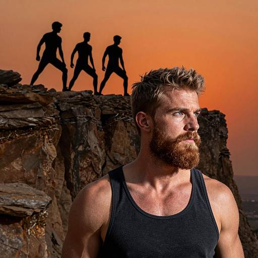 Intense Bearded Man Against Sunset Cliffs