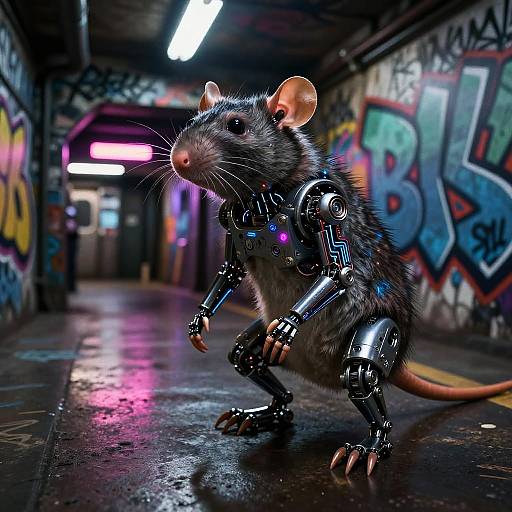 Cyberpunk Neon Subway with Mechanical Rat