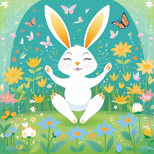 Whimsical Yoga Rabbit in Blooming Garden Whimsical Yoga Rabbit in Blooming Garden