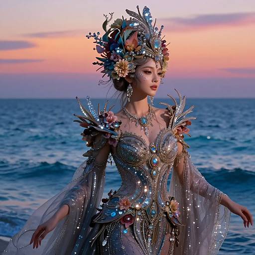 Photorealistic digital artwork of a beautiful, ethereal woman in elaborate, shimmering oceanic-themed attire with floral and metallic accessories, standing on a