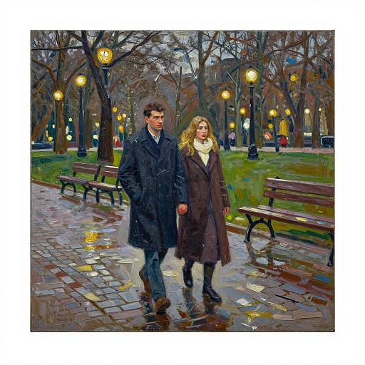 Impressionistic painting of a man and woman walking on a wet, tree-lined park path at night, wearing dark coats, with glowing street lamps in
