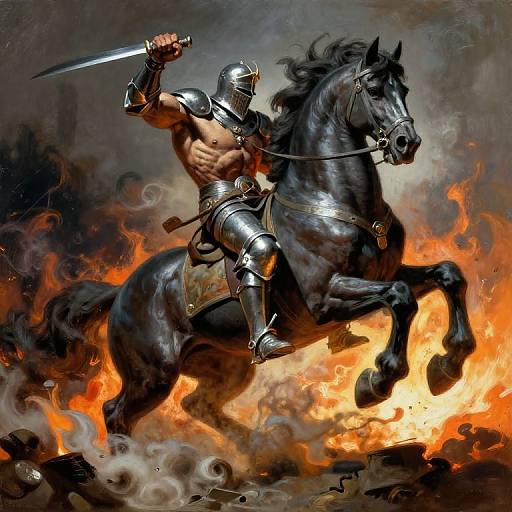 Digital painting of a muscular, armored warrior with a sword, riding a fierce black horse amidst intense, fiery flames. Dynamic, action-packed scene with dramatic