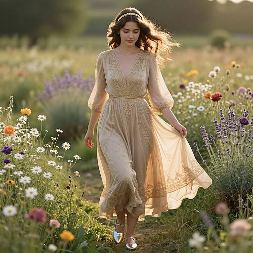 Photograph of a woman with long brown hair in a flowing, gold-embroidered, sheer dress, walking through a sunlit, colorful me