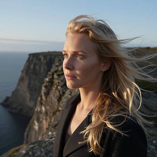Photograph of a blonde woman with wind-blown hair, wearing a black coat, standing on a rocky cliffside by the ocean at sunset.