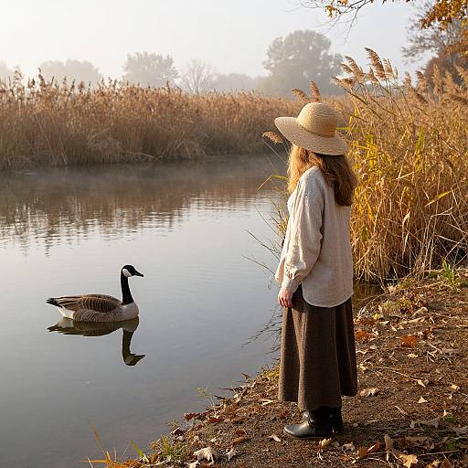 Woman by Autumn Riverbank with Goose