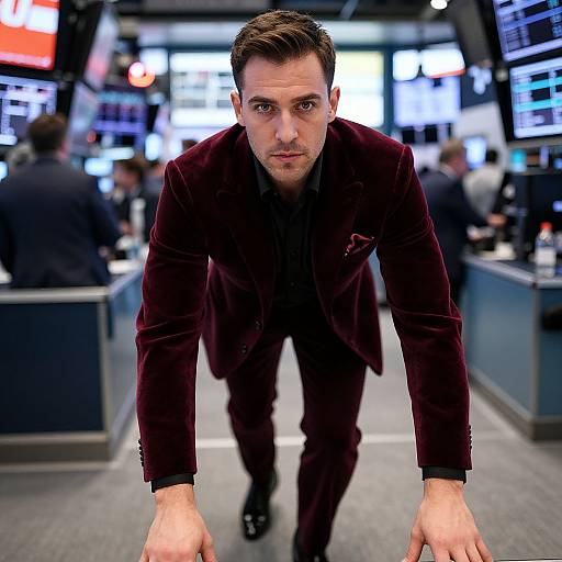 Photograph of a serious-looking man with short dark hair in a dark maroon velvet suit, leaning forward in a brightly lit financial trading floor, with