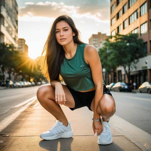 Young Woman Squatting on Urban Street at Sunset