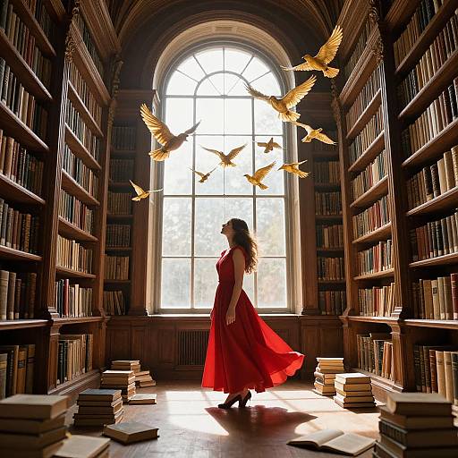 Photograph of a woman in a flowing red dress walking through a sunlit, book-filled library with golden birds flying above.