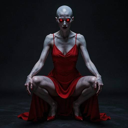 Crouching Bald Woman with Glowing Red Eyes