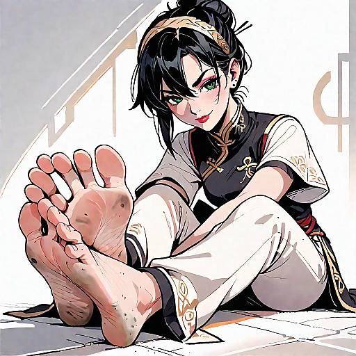 Smug Girl in Chinese Fashion with Dirty Feet