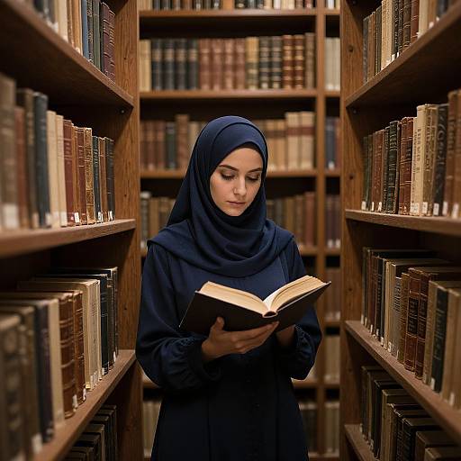 Photograph of a young woman with a dark blue hijab and long-sleeve dress, reading a book in a wooden library aisle filled with neatly