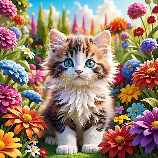 Playful Kitten in Vibrant Flower Garden Playful Kitten in Vibrant Flower Garden