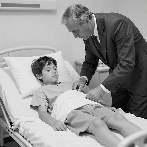 Black-and-White: Man Adjusts Boy's Hospital Clothing