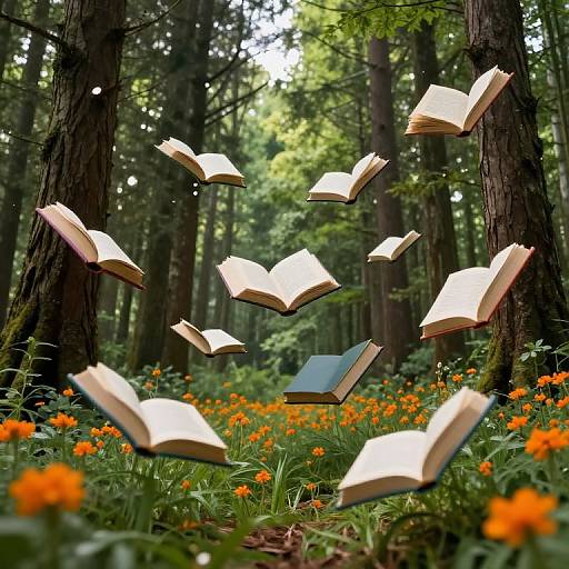 Photograph of floating open books among tall forest trees, surrounded by vibrant orange wildflowers and lush greenery. Magical, whimsical scene.