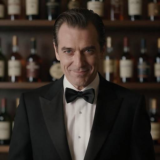 Elegant Man in Tuxedo with Liquor Background
