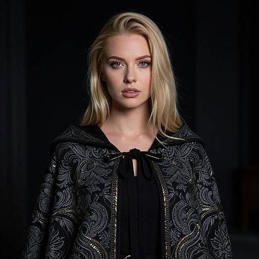 Photograph of a blonde woman with blue eyes, wearing an ornate black and silver patterned cloak over a black top, against a dark background.
