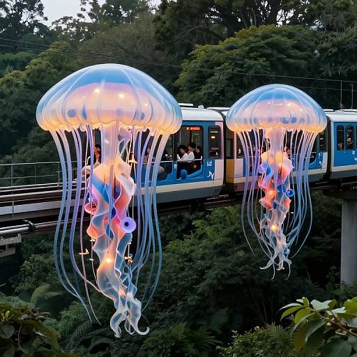 Jellyfish-Shaped Trains Over Forest