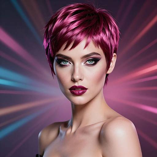 Digital portrait of a pale-skinned woman with short, vibrant pink hair, striking blue eyes, bold dark makeup, and bare shoulders, set against a