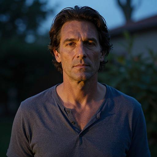 Photograph of a middle-aged man with wavy dark hair, wearing a gray v-neck shirt, standing outdoors at twilight, serious expression, blue and