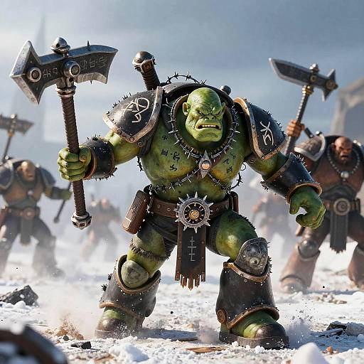 Ork Warlord Charging Through Frozen Tundra