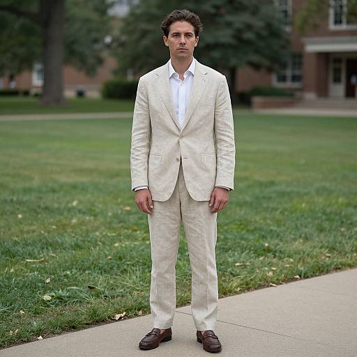 Photograph of a serious-looking man in a white suit, white shirt, and brown shoes, standing on a grassy lawn with a brick building in