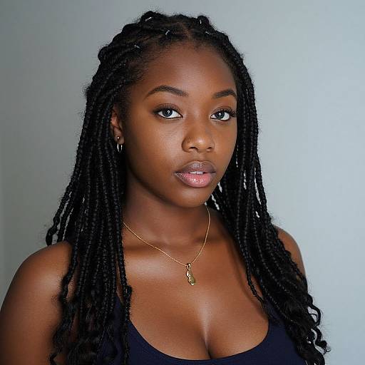 Photograph of a young Black woman with long, dark twisted dreadlocks, wearing a black top, gold necklace with key pendant, and hoop earrings,