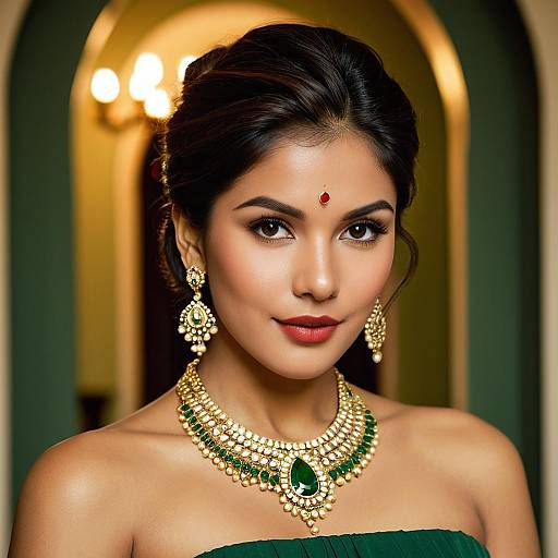 Elegant Indian Woman in Green and Gold Jewelry