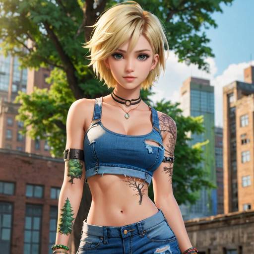 Stylized Blonde Woman in Denim Outfit with Tree Tattoos