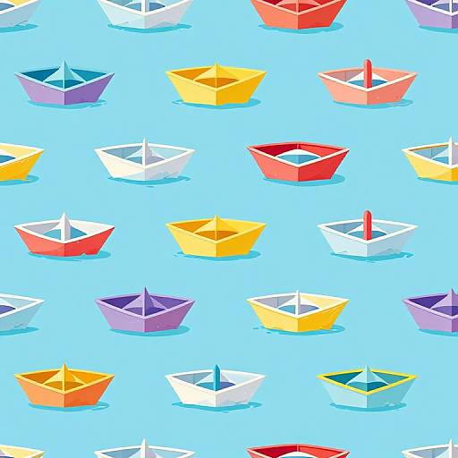 Seamless pattern of colorful paper boats in red, yellow, blue, white, and purple on a light blue background. Digital illustration.