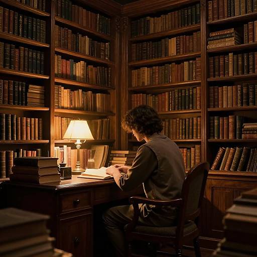 Photograph of a person with curly hair, wearing a brown shirt, seated at a wooden desk in a dimly lit, book-filled study, typing