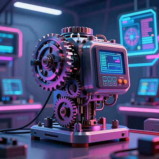 CGI image of a futuristic robotic gearbox with glowing blue and purple neon lights, displaying a digital interface in a high-tech lab.