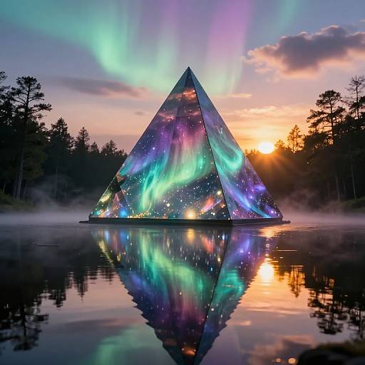 Photograph of a reflective, glass pyramid illuminated by vibrant auroras, set on a serene lake at sunset with mist, surrounded by trees.