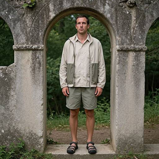 Photograph of a serious-looking man with short brown hair, wearing a beige jacket, khaki shorts, and black sandals, standing in a weathered