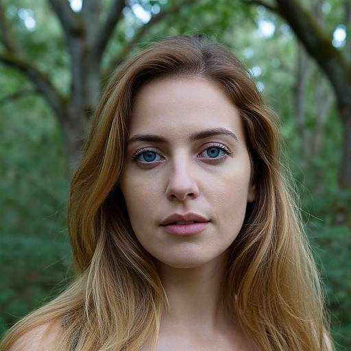 Photograph of a young woman with fair skin, blue eyes, and long, wavy light brown hair, standing in a green, blurred forest background