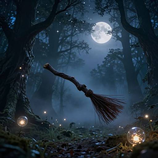 Magical nighttime forest scene with a broomstick in mid-air, glowing fireflies, and a bright full moon in the misty blue sky.