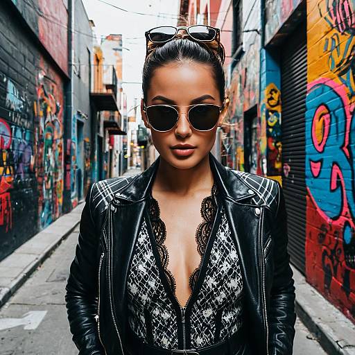 Confident Woman in Leather Jacket with Sunglasses in Graffiti Alley