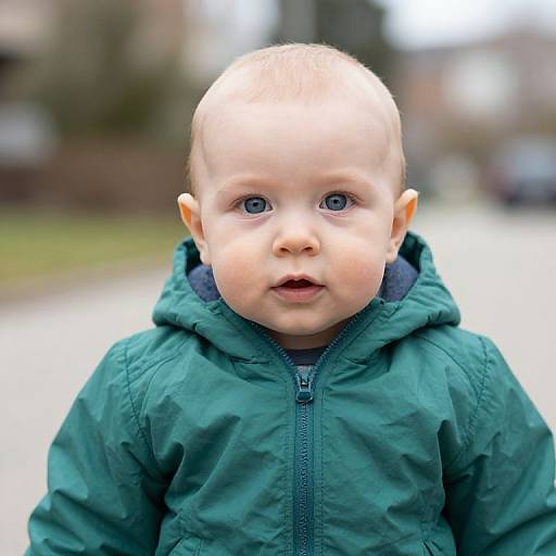 Blue-Eyed Baby in Green Hooded Jacket