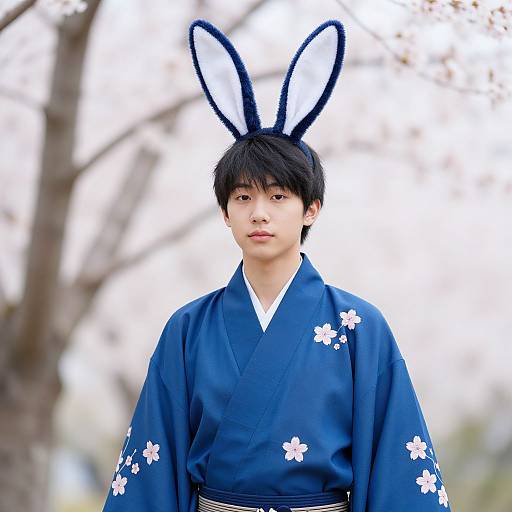 Photograph of an Asian man in a blue kimono with white floral patterns, wearing black-and-white bunny ears, standing outdoors.